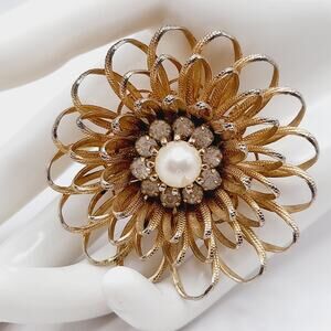 Vintage 1950s Gold Floral Brooch, Faux Pearl Rhinestones, Mid-Century Jewelry